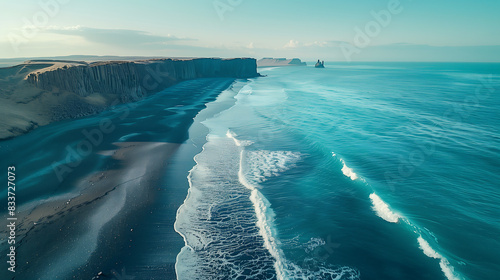 Vagues de l'océan qui s'échouent sur une plage de sable noir. photo