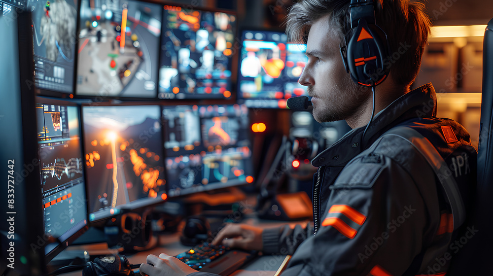 Fototapeta premium A firefighter is seated at a desk with numerous monitors, actively monitoring emergency situations and dispatch calls. 