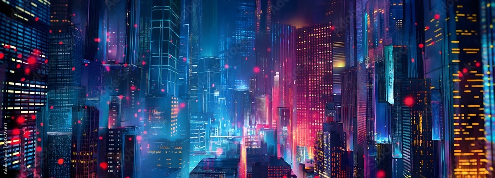 Fototapeta premium 5. An abstract cityscape background, infused with neon lights and futuristic elements, rendered in a manga-style aesthetic, offering ample space for accompanying text