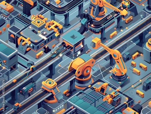 Illustration of Developing interconnected, flexible manufacturing systems that can adapt to changing production demands in real-time. Ai Generate.