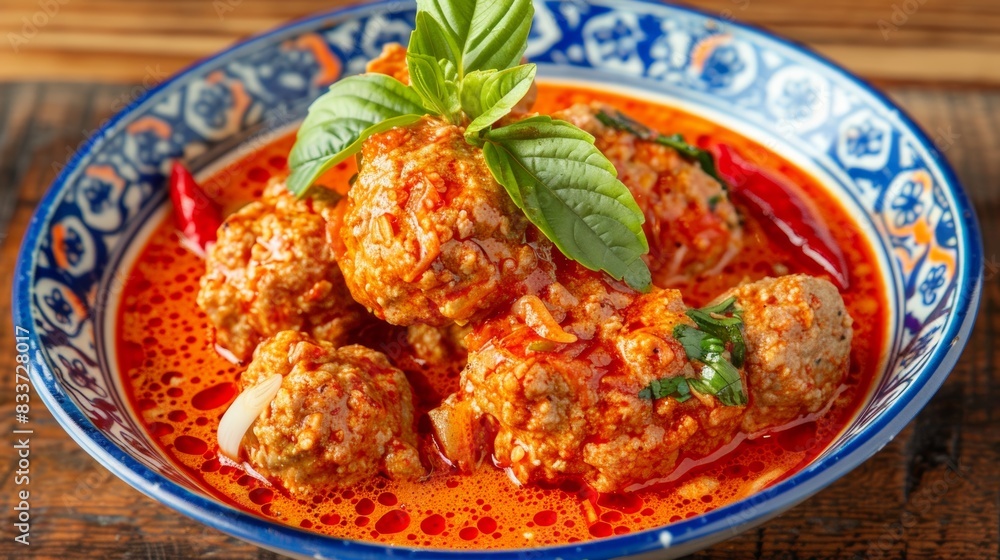 Spicy Meatballs in Tomato Sauce with Fresh Basil in Traditional Blue and White Bowl Spicy Meatballs in Tomato Sauce with Fresh Basil in Traditional Blue and White Bowl