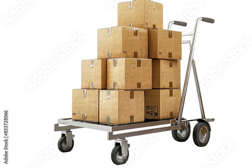 Hand truck loaded with cardboard boxes, ready for transportation or moving. Ideal image for logistics, shipping, or relocation purposes. photo