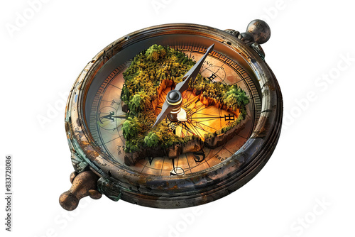 High-resolution image of a vintage compass, creatively designed to show an island in the middle, symbolizing adventure and exploration. photo