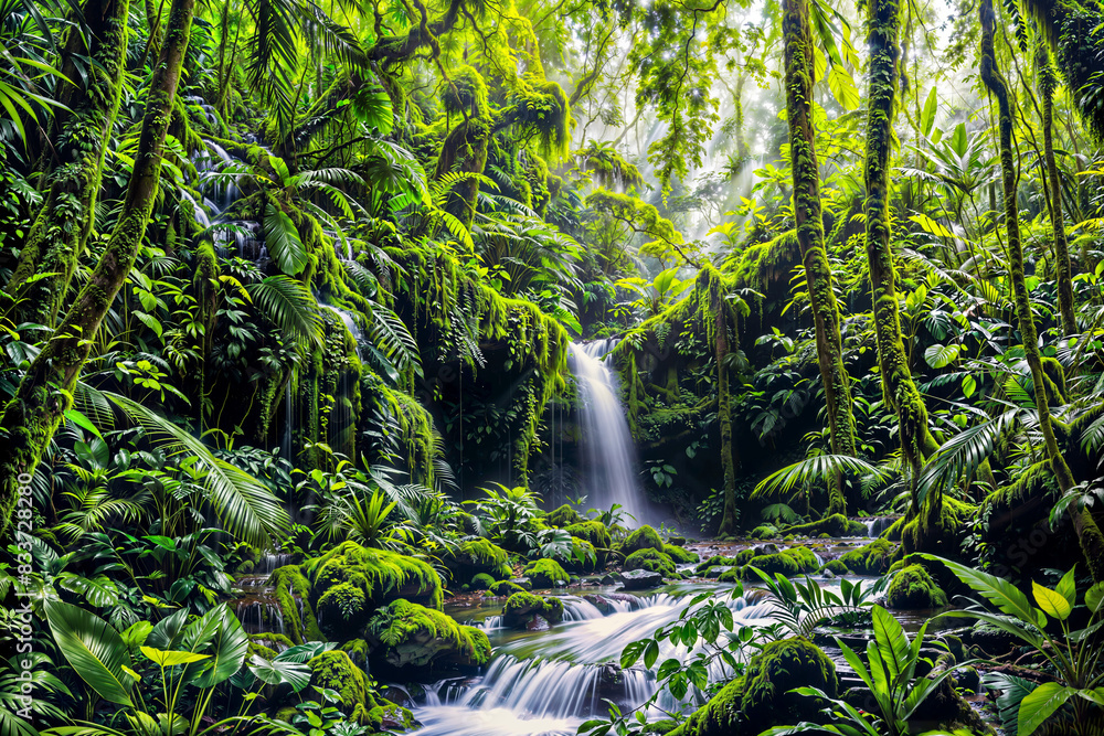 Fototapeta premium Waterfall in the green forest : AI Generative, not upscale