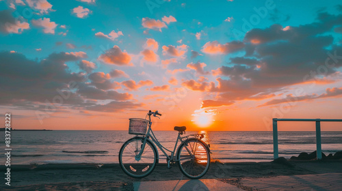 bike on the beach at sunset photo