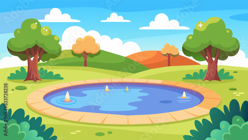The parks once muddy and neglected pond is now a glistening oasis thanks to the hard work of the community.. Vector illustration