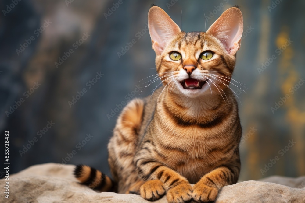 Portrait of a smiling chausie cat isolated in rocky cliff background