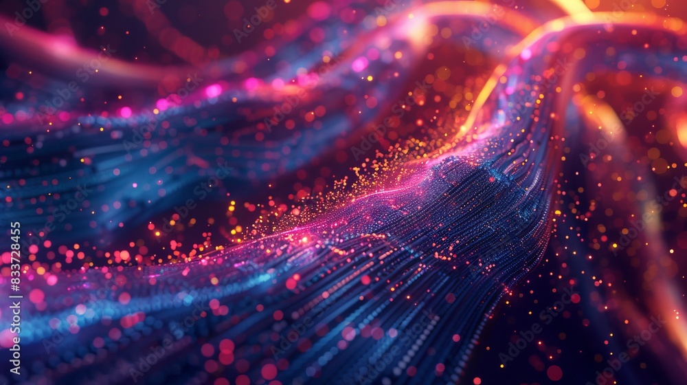 Abstract Data Visualization with Digital Particle Effects in Vibrant Colors..