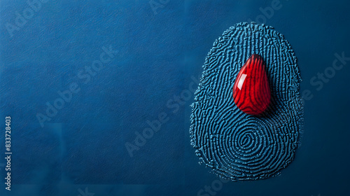 A fingerprint with a drop of blood on it on a blue isolated background with copy space. June 14 is World Blood Donor Day
