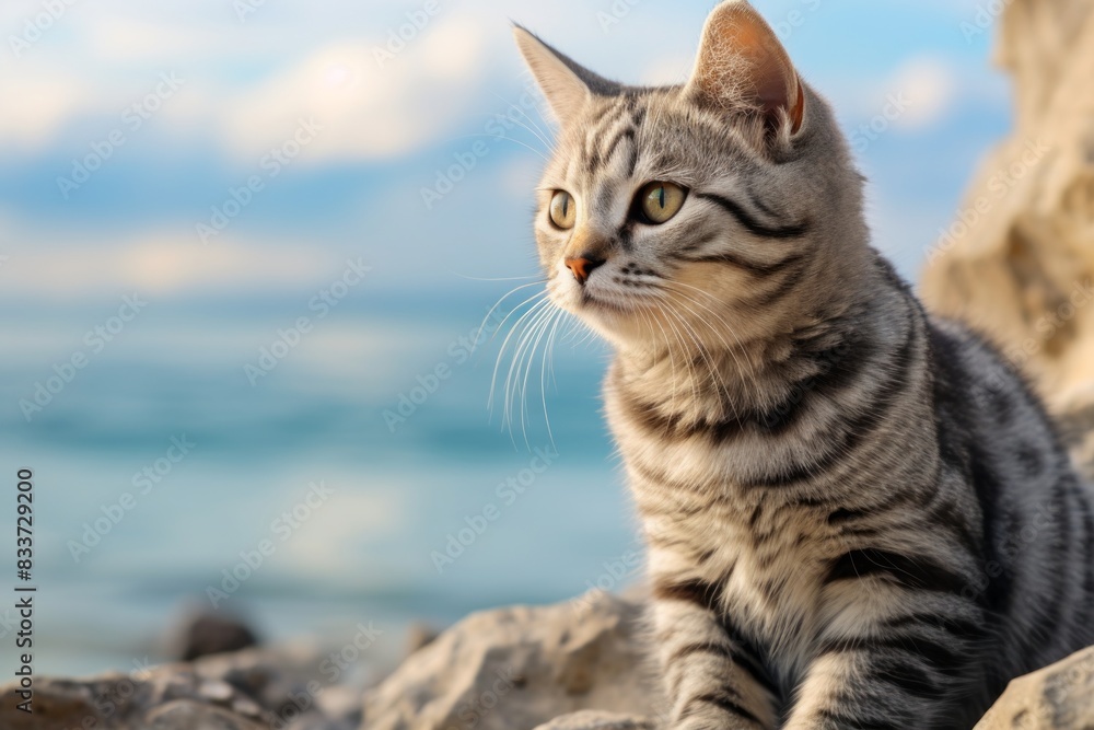 Portrait of a cute american shorthair cat on serene seaside background Portrait of a cute american shorthair cat on serene seaside background