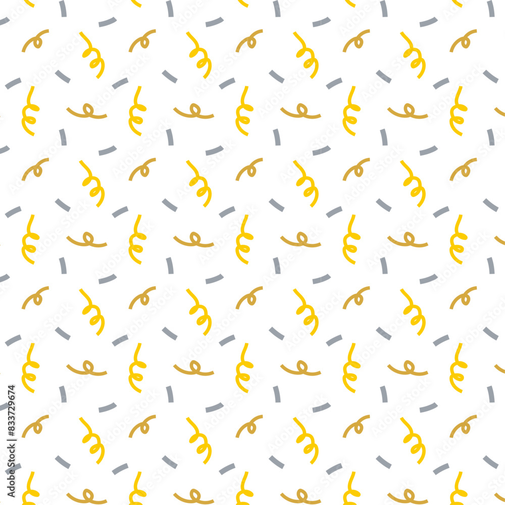 Seamless pattern for packaging and wrapping paper. Festive background. Gold and silver tinsel and serpentine from firecrackers on a white background. New Year print for a gift bag. Vector. Seamless pattern for packaging and wrapping paper. Festive background. Gold and silver tinsel and serpentine from firecrackers on a white background. New Year print for a gift bag. Vector.