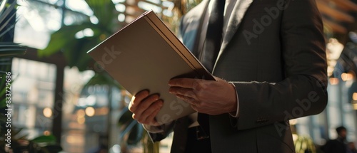 Businessman in suit holding folder with documents in hands closeup Person wearing polite clothes a hiring ,Interviewing scene illustrates the process of recruiting individuals for candidate. 