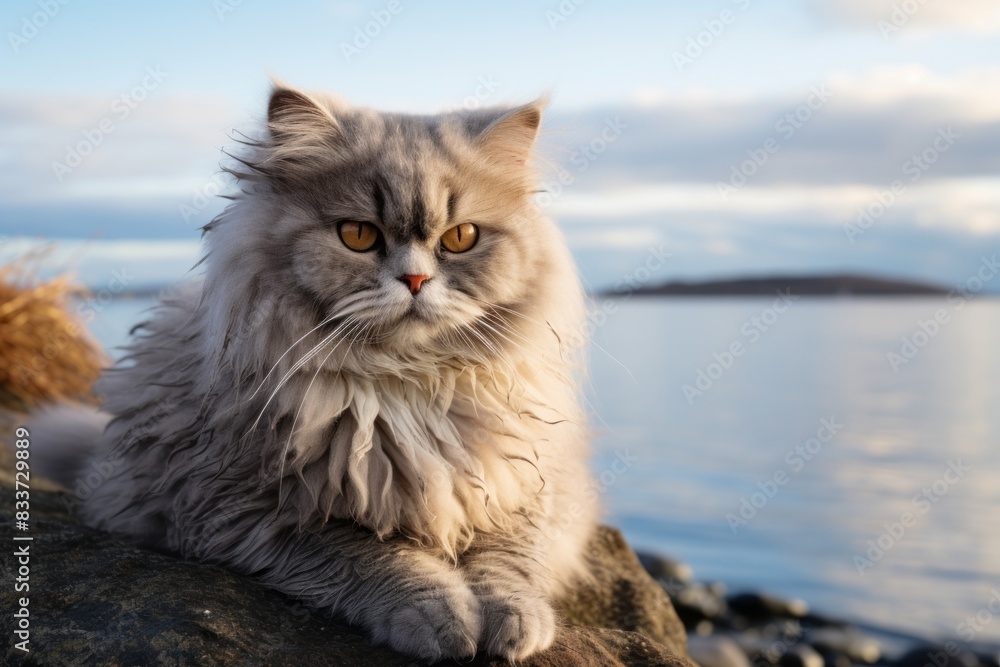 Portrait of a happy selkirk rex cat while standing against serene seaside background