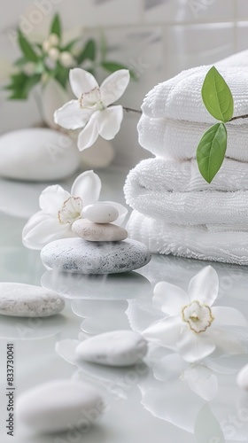 luxurious spa background with candles  rolled towels  and flowers  serene atmosphere for relaxation and wellness  concept for spa retreats  beauty salons  wellness centers.