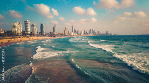 Fototapeta Naklejka Na Ścianę i Meble -  big building near the ocean and small wave hitting on the beach