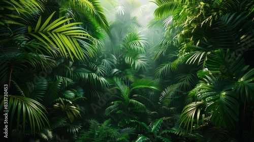 Fototapeta Naklejka Na Ścianę i Meble -  A lush green jungle with a lot of leaves and trees