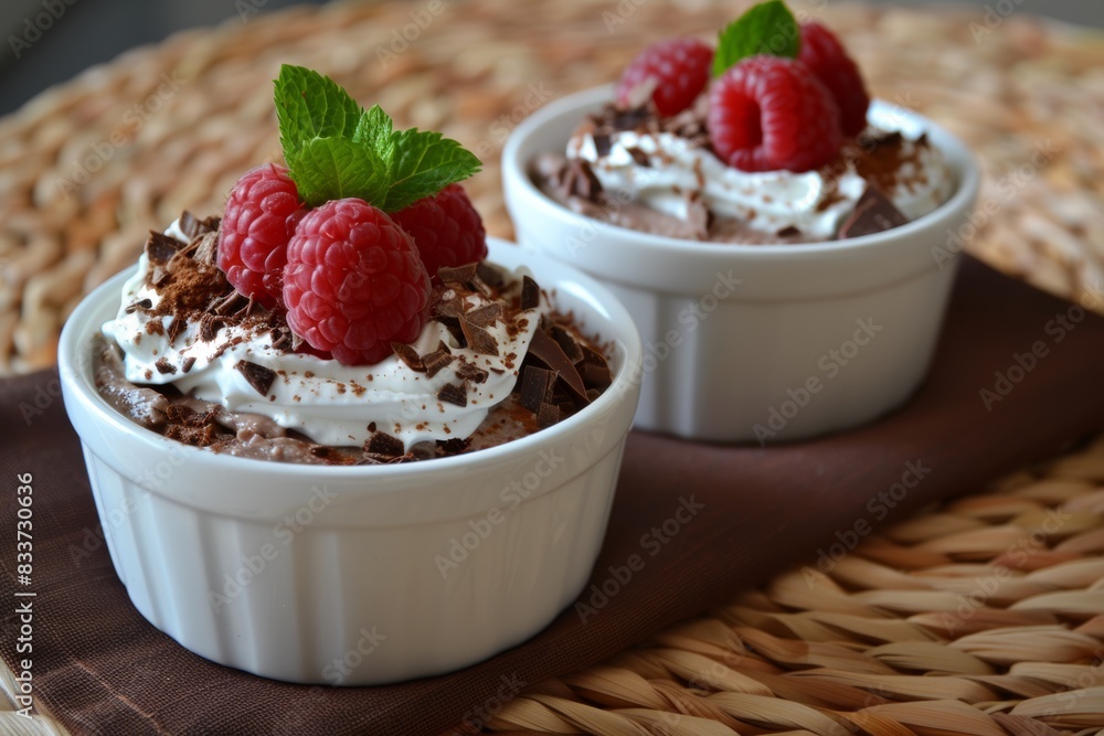 Chocolate mousse topped with whipped cream raspberries and mint leaves in white ceramic bowls Chocolate mousse topped with whipped cream raspberries and mint leaves in white ceramic bowls