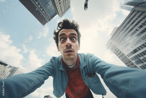 Man Looking down with Surprised Expression in Urban Setting, ugc