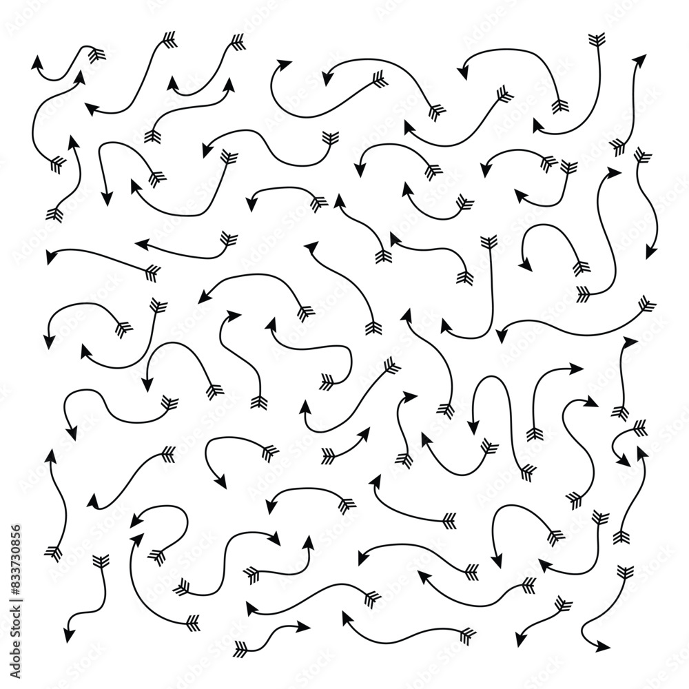 Doodle arrows. Hand drawn line pointers, pencil sketch elements, round curly wavy direction arrows isolated on white background. Vector black arrows hand drawn set. Vector illustration. Doodle arrows. Hand drawn line pointers, pencil sketch elements, round curly wavy direction arrows isolated on white background. Vector black arrows hand drawn set. Vector illustration.