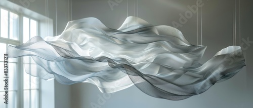 Abstract kinetic sculpture featuring dynamic shapes suspended in air, powered by air currents, 2k