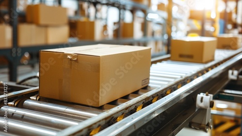 packaging with cardboard boxes on conveyor belt in factory industry