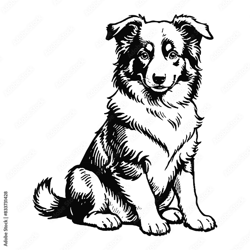 Fototapeta premium Collie Dog Puppy Hand Drawn Engraved Ink Line Art Sketch Illustration