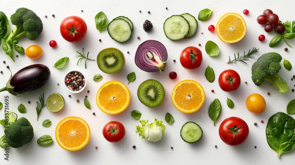 A Vibrant Collection of Fresh Fruits and Vegetables, Arranged on a White Background, Perfect for Healthy Eating and Food Photography A Vibrant Collection of Fresh Fruits and Vegetables, Arranged on a White Background, Perfect for Healthy Eating and Food Photography