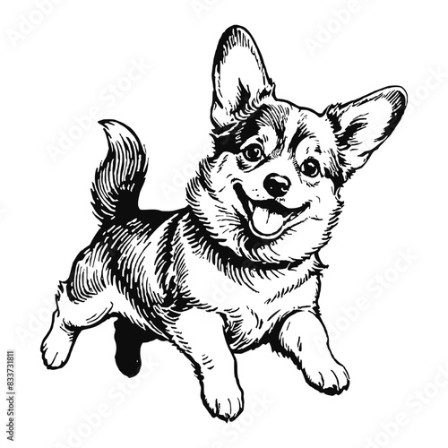 Corgi Dog Puppy Hand Drawn Engraved Ink Line Art Sketch Illustration