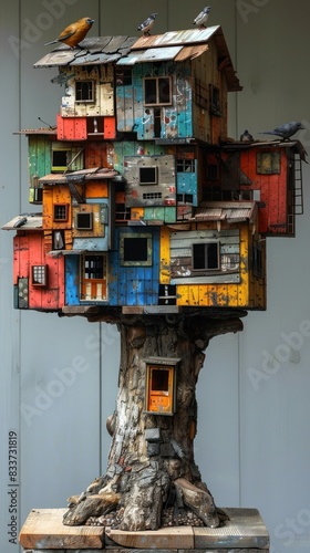 a little building with a lot of hanging on it, in the style of colorful drawings, realistic yet imaginative, arte povera, monumental forms, cabincore, precarious balance, pigeoncore photo