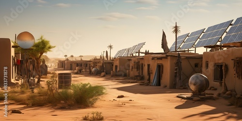 Desert nomad village with solar panels wind turbines blending ancient traditions with tech. Concept Eco-friendly Technology, Traditional Nomadic Lifestyle, Renewable Energy Integration photo