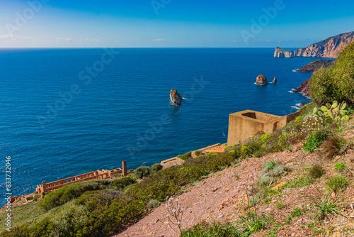 Laveria Lamarmora, an old mine building along the coast of Nebida and Masua. Sardinia, Italy photo