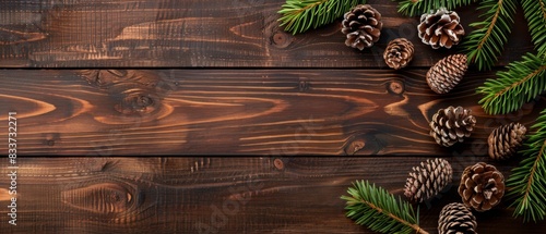 wood christmas with tree branches and cones concept , copy space background for banner