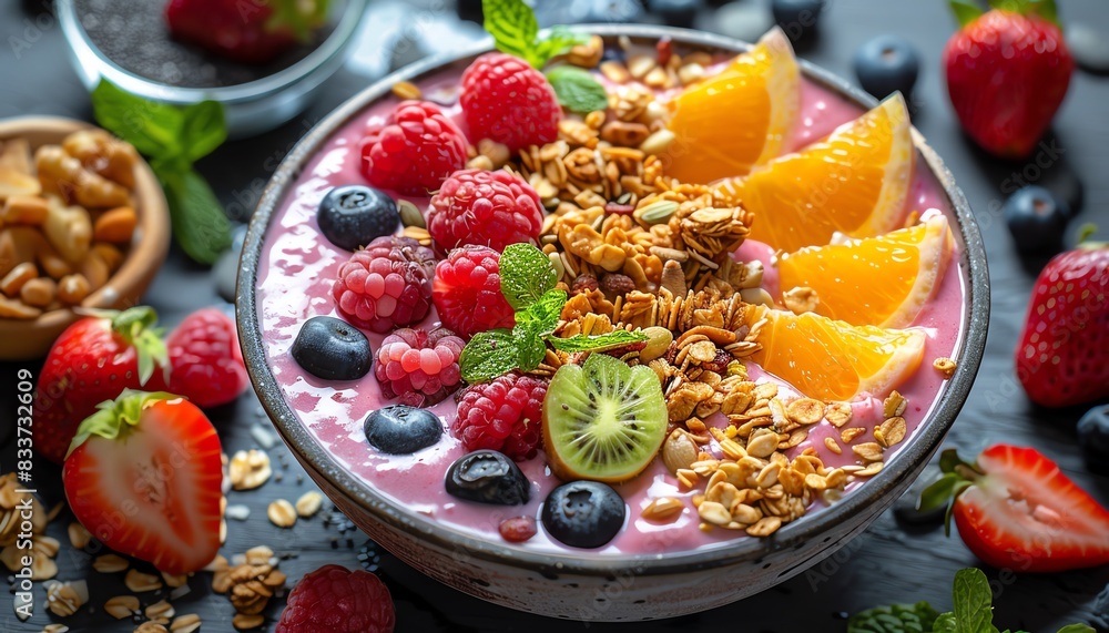 Colorful and nutritious smoothie bowl with fresh fruits, granola, and mint leaves on a dark wooden background. Healthy breakfast concept. Colorful and nutritious smoothie bowl with fresh fruits, granola, and mint leaves on a dark wooden background. Healthy breakfast concept.