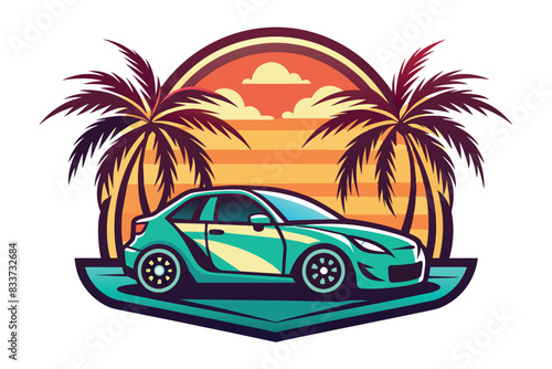 car on the beach with palm trees