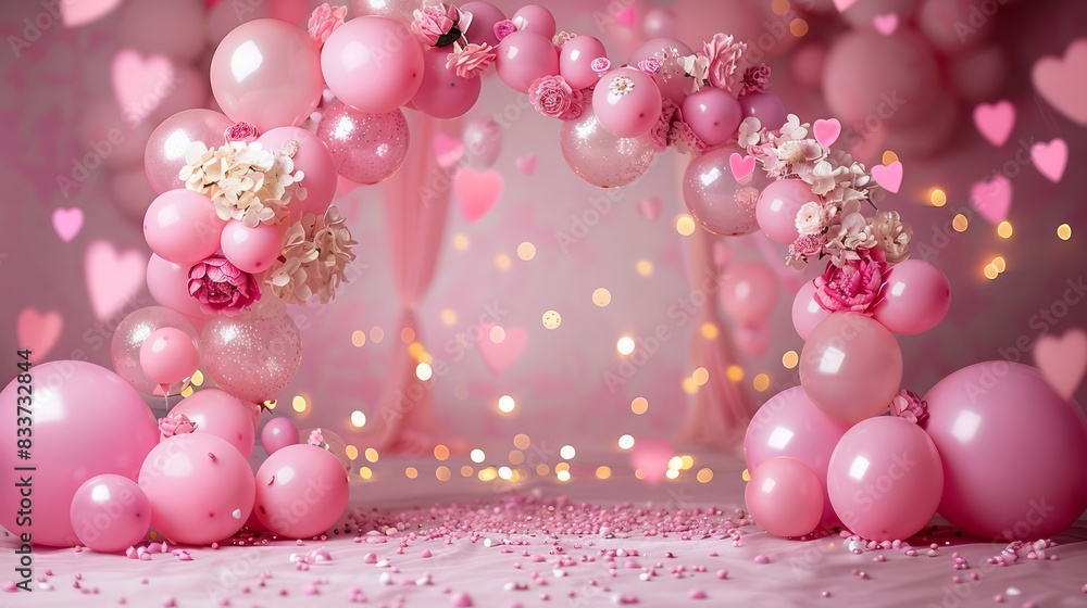 A pink archway with pink balloons and flowers A pink archway with pink balloons and flowers