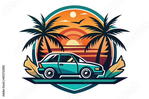 car on the beach with palm trees