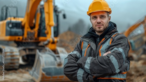 Construction Worker with Arms Crossed Standing in Front of Excavator