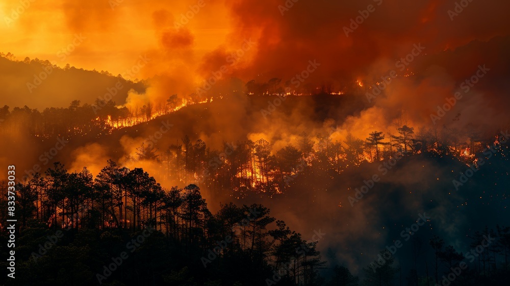 Forest Fire Burning with Fiery Intensity and Billowing Smoke, Creating a Dramatic and Striking Scene Forest Fire Burning with Fiery Intensity and Billowing Smoke, Creating a Dramatic and Striking Scene
