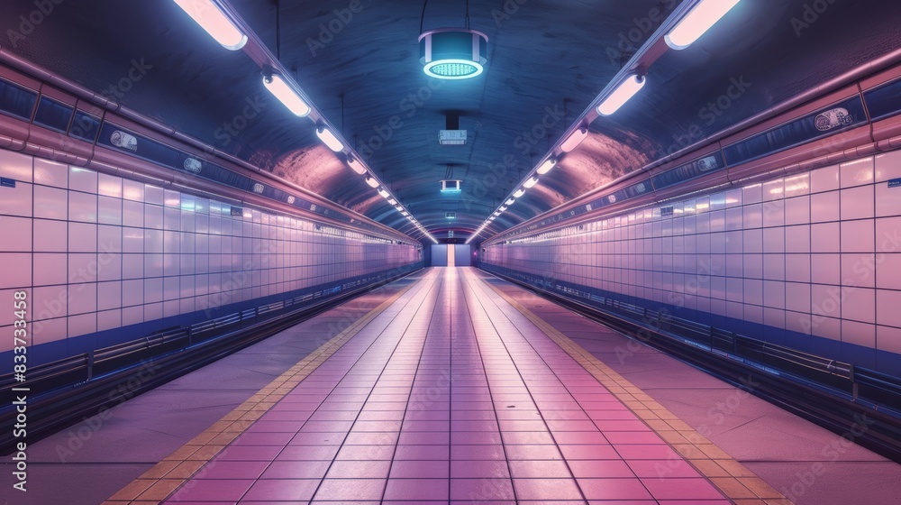 A Pink and Blue Neon Lit Subway Tunnel in an Urban City Center A Pink and Blue Neon Lit Subway Tunnel in an Urban City Center