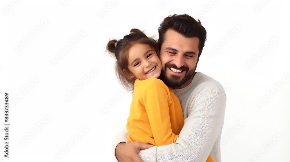 Father and daughter hugging with joy, celebrating Father s Day with love and appreciation Isolated white background, copy space Father and daughter hugging with joy, celebrating Father s Day with love and appreciation Isolated white background, copy space