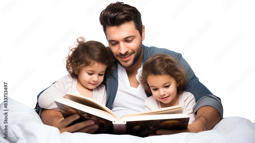 Father reading a bedtime story to his children, creating precious memories on Father s Day Isolated white background, copy space Father reading a bedtime story to his children, creating precious memories on Father s Day Isolated white background, copy space