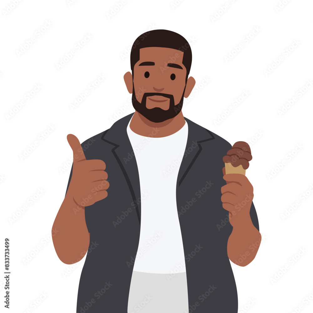 Happy plus size man with ice cream cones in hands. Flat vector illustration isolated on white background Happy plus size man with ice cream cones in hands. Flat vector illustration isolated on white background