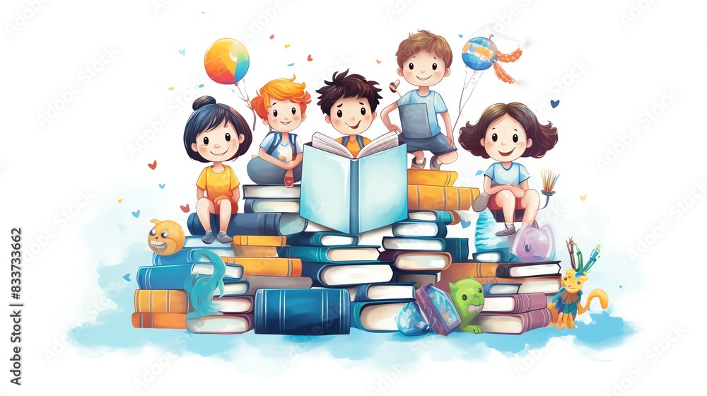 Illustration of children with books and toys, celebrating Childrens Day The Dawn of Childrens Rights with educational and fun elements Isolated white background, copy space Illustration of children with books and toys, celebrating Childrens Day The Dawn of Childrens Rights with educational and fun elements Isolated white background, copy space