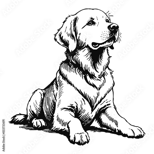 Golden Retriever Dog Hand Drawn Engraved Ink Line Art Sketch Illustration