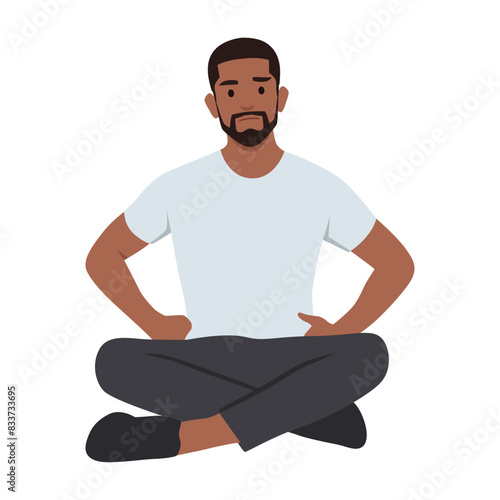 Young bearded man feeling confused and doubtful sitting on the floor. Flat vector illustration isolated on white background