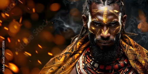 African man in cape and tribal jewelry with long dark beard. Concept Outdoor Photoshoot, African Man, Cape, Tribal Jewelry, Long Beard photo