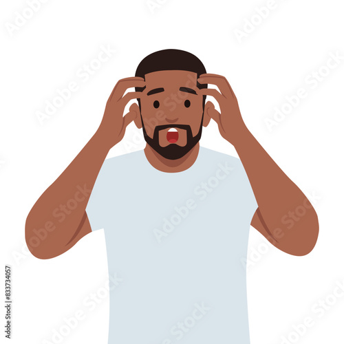 Shocked or amazed young business man holding hands on head. Flat vector illustration isolated on white background