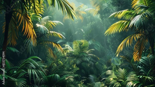 Fototapeta Naklejka Na Ścianę i Meble -  A lush green jungle with tall palm trees