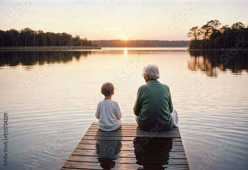 grandfather and grandson sitting on dock  with a lake at sunset in the background