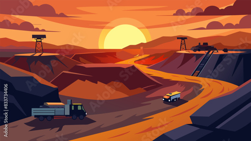 The sun setting over a massive open pit mine filled with tar sands and surrounded by digging equipment and trucks.. Vector illustration